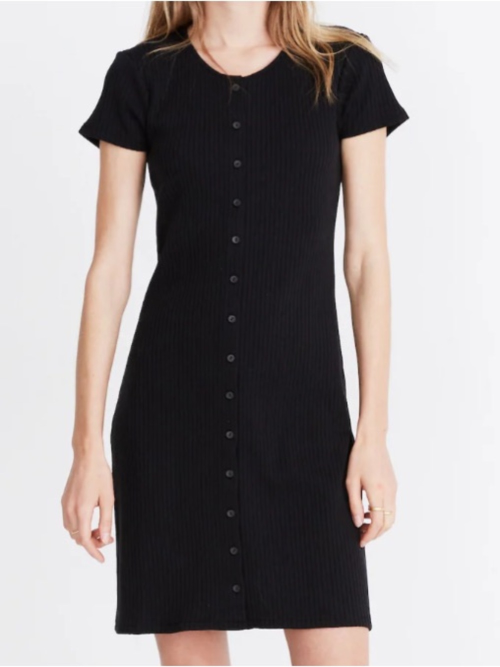 Madewell Black Ribbed Button-Front Mini Dress Size M
